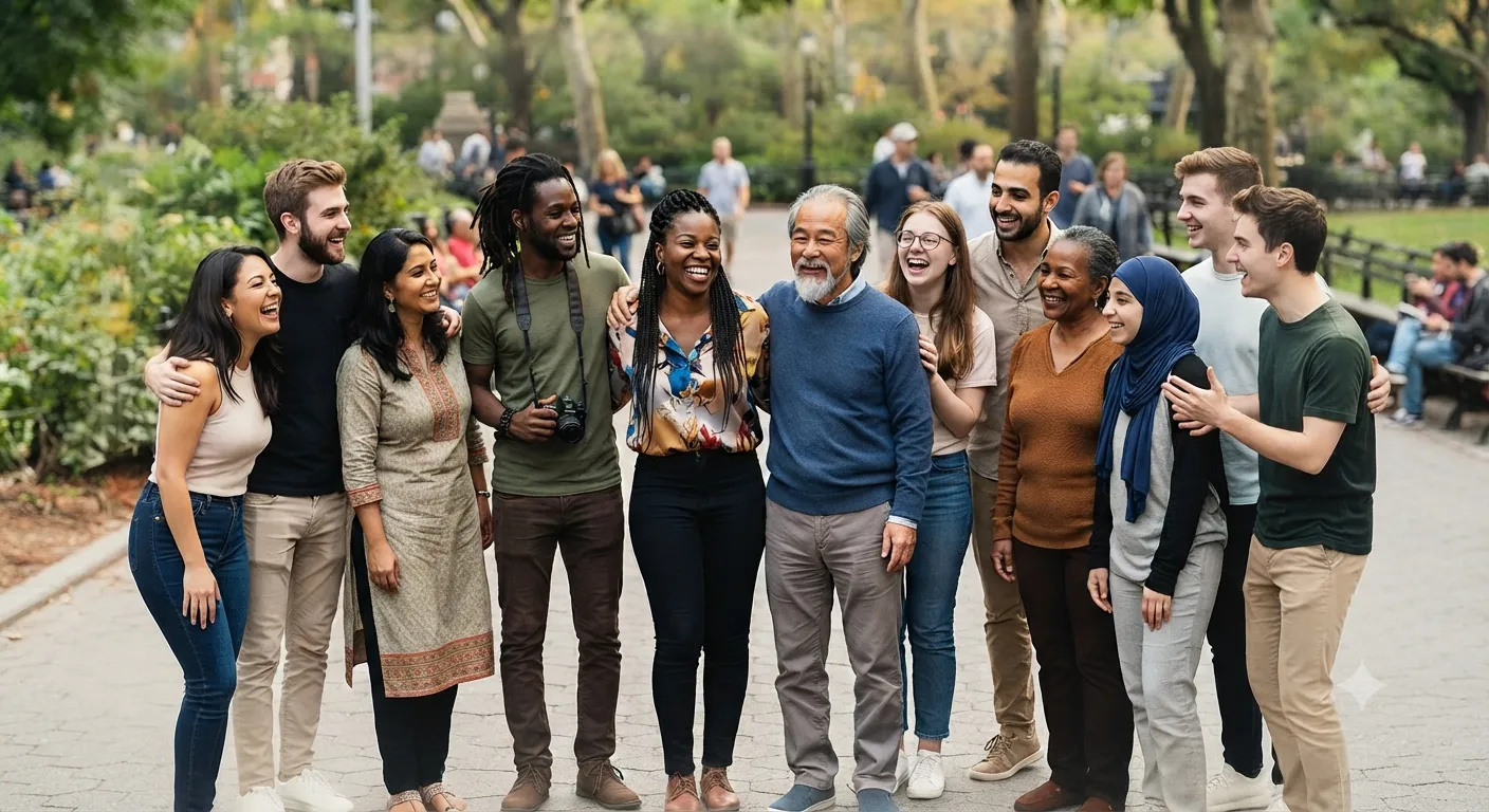 A group of adults from many backgrounds standing together, laughing and embracing in a public park.